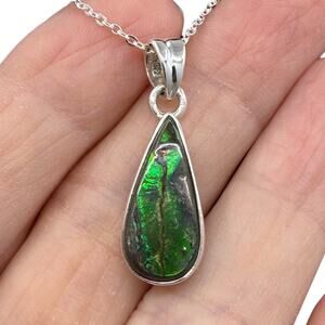Natural Green Ammonite Pendant Necklace 925 Sterling Silver 18in Chain Handmade